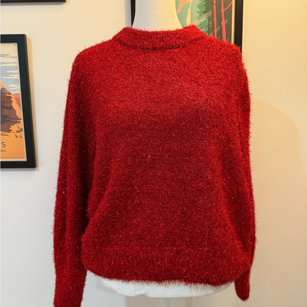 H&M red fuzzy, sparkly sweater